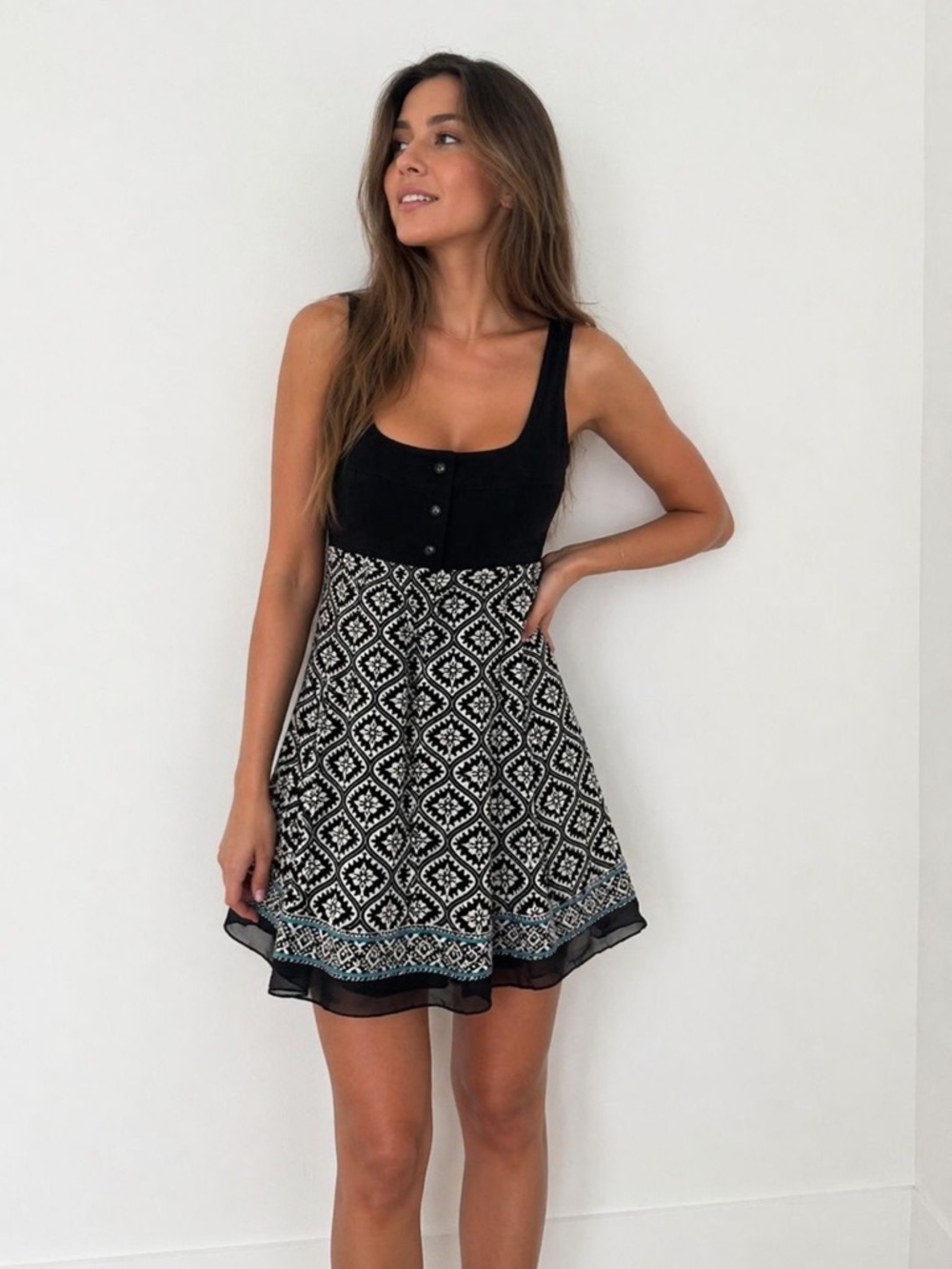Stylish Black and Patterned Mini Dress